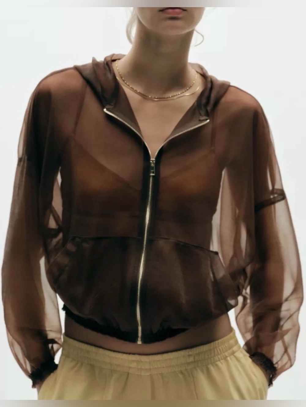 Zara Organza Hoodie Sheer Zip-Front Jacket Elasticated Cuffs & Hem Hood Brown XS